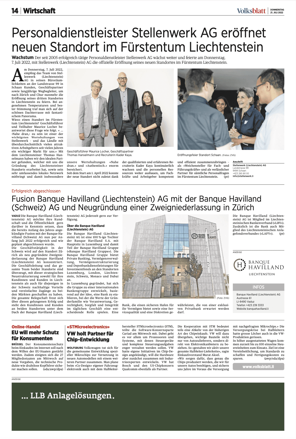 Stellenwerk im Volksblatt 21.7.22